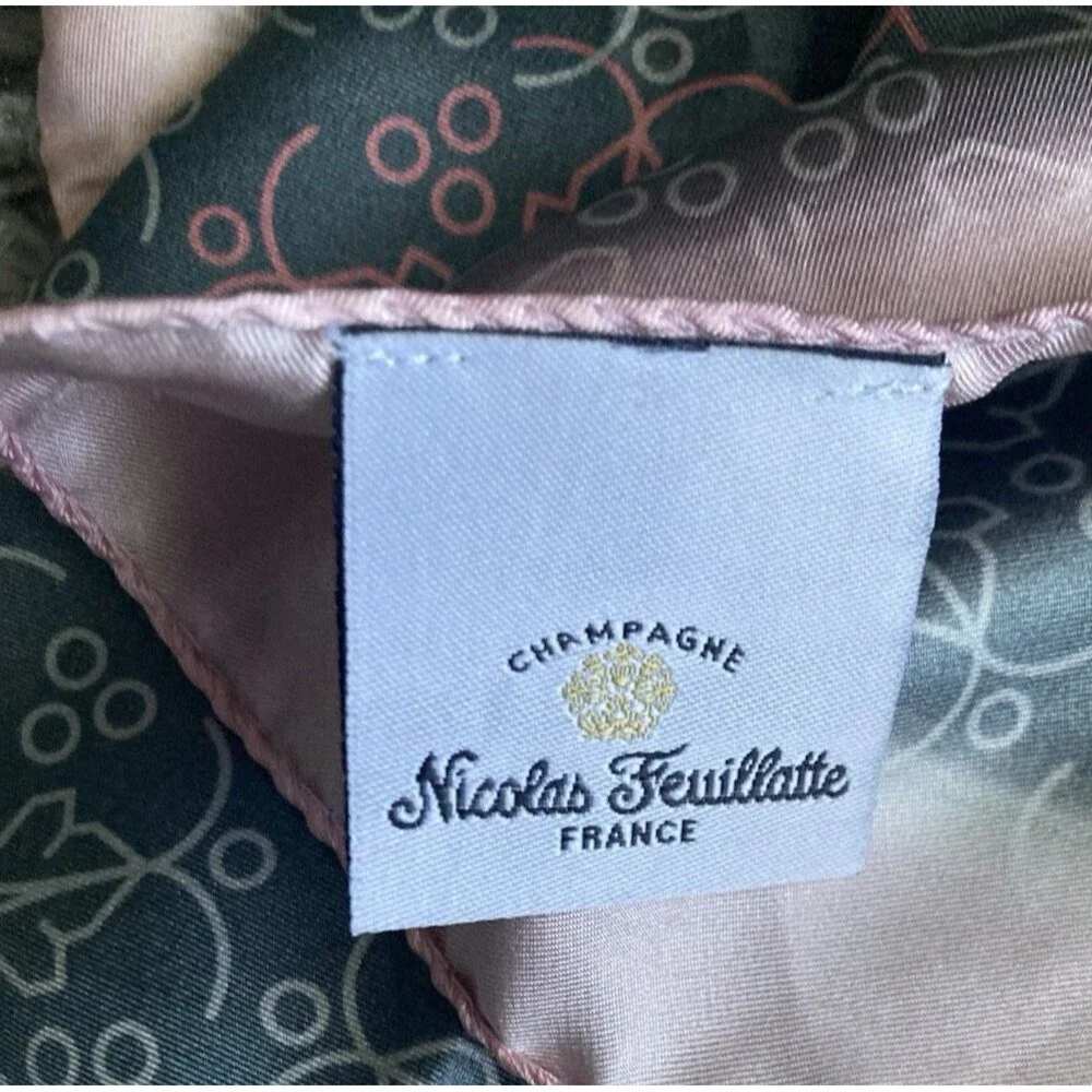 NICOLAS FEUILLATTE FRANCE CHAMPAGNE 100% SILK SCARF GRAY PINK LOGO SQUARE RARE